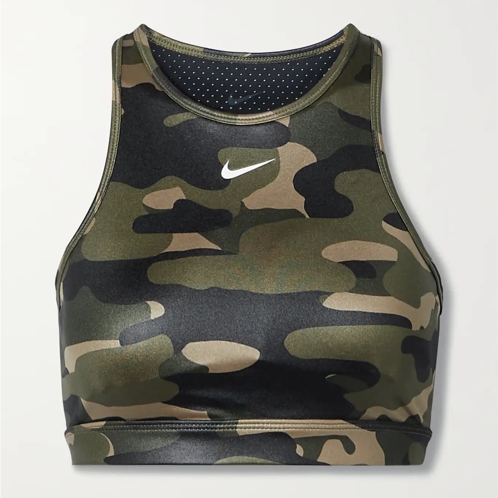 🌱 NIKE Swoosh mesh-paneled cutout camouflage-print Dri-FIT sports bra